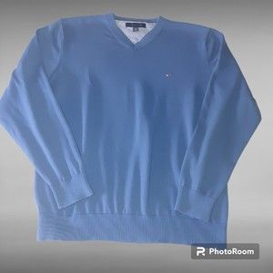 Tommy Hilfiger Men's Long Sleeve V-Neck Dad Sweater Size Large 100% Cotton Blue